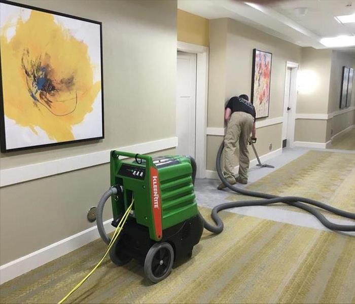 SERVPRO technician cleaning the hallway carpet