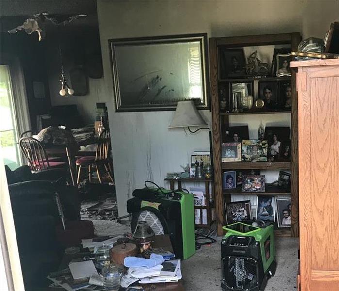 Fire damage in the living room of a home